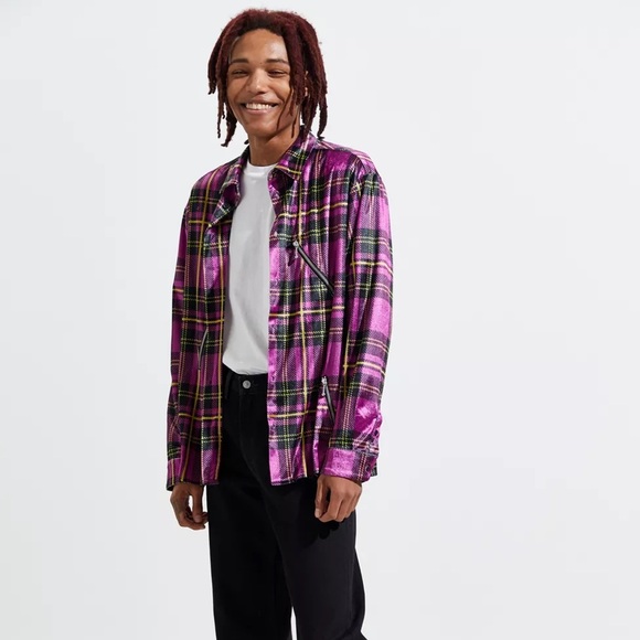 URBAN OUTFITTERS | NWOT | Plaid Zipper Long Sleeve Velour Button-Down Shirt - Picture 2 of 10